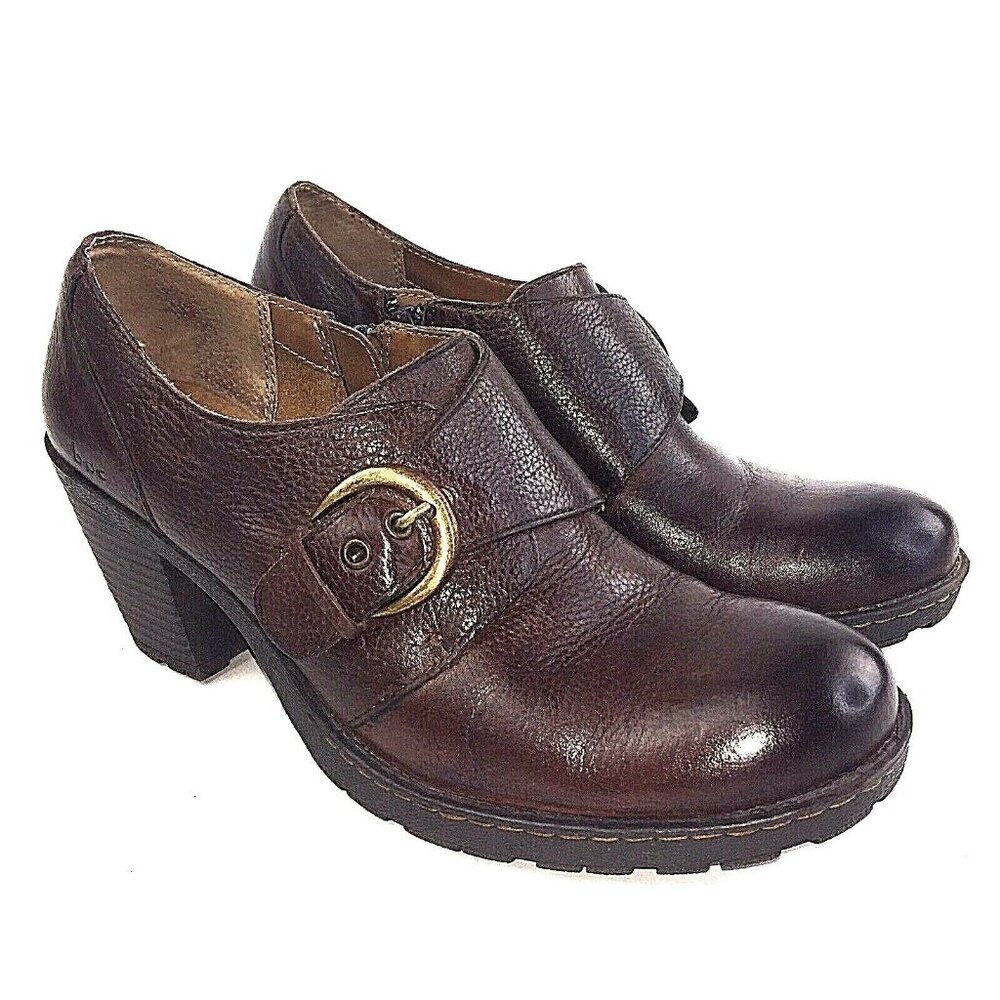 Born b.o.c. Womens Brown Leather High Heel Booties Side-Zip Buckle US sz 10